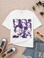 SHEIN Kids EVRYDAY Tween Girls' Loose Fit Casual Portrait Printed Short Sleeve T-Shirt With Round Neckline