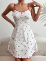 Women's Cherry Printed Contrast Trimmed Cami Nightgown