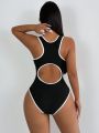 SHEIN Swim SPRTY Women'S Open Back Hollow Out Trim Detail One Piece Swimsuit