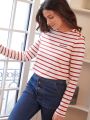 SHEIN Frenchy Women's Striped T-shirt With Letter Print, Button Detail