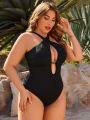 SHEIN Swim Basics Plus Size Women's Halter Neck Hollow Out One-Piece Swimsuit