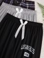 3pcs Elastic Waist Grid & Letter Pattern Pajama Pants