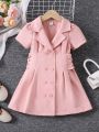 SHEIN Kids FANZEY Young Girl's Double Breasted Dress In Ladylike Style