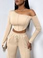 SHEIN SXY Solid Color Asymmetric Neck Top With Drawstring Waist Long Pants Two Piece Set