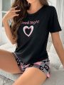 SHEIN Heart & Letter Printed Short Sleeve T-Shirt And Plaid Shorts Pajama Set