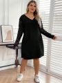 SHEIN LUNE Women's Plus Size Patchwork Lace V Neck Back Button Detail Dress