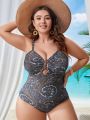 SHEIN Swim BohoFeel Plus Size Full Printed One-Piece Swimsuit With Round Ring Decoration