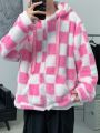 Manfinity Hypemode Men's Pink Plaid Zipper Hooded Plush Jacket