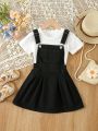 Young Girl Patched Pocket Plicated Detail Denim Overall Dress Without Tee