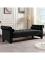 82 Inch End of Bed Bench with 2 Pillows Rolled Armed Ottoman Bench Velvet Bench Button Tufted Sofa Bench Upholstered Bench for Entryway, Living Room and Window