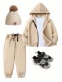 SHEIN Kids EVRYDAY Young Boy Letter Patched Zip Up Hoodie & Sweatpants