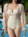 DAZY One Piece Swimsuit With Twisted Detail, Lace Decoration And Flared Sleeves