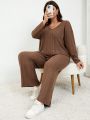 SHEIN Frenchy Plus Size Brown V-neck Loose Fit Long Sleeve Top And Casual Pants 2 Piece Set