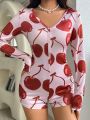 Women's Cherry Printed Button-up Pajama Romper