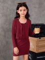 SHEIN Tween Girl Solid Rib-knit Dress & Button Placket Jacket