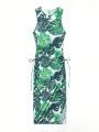 SHEIN Swim Vcay Women's Tropical Printed Tie Front Split Cover-Up Shirt