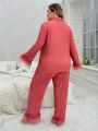 Plus Size Women'S Long Sleeve Long Pants Pajama Set With Single Breasted Closure