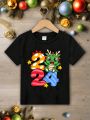 SHEIN Young Boys' Casual 2024 New Year Cartoon Short Sleeve Round Neck T-Shirt Suitable For Summer