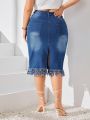 Plus Size Fringed Hem Bodycon Denim Skirt