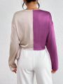SHEIN Privé Women'S Surplice Tie Waist Color Block Satin Long Sleeve Shirt