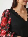 Alana Jacintho Plus Size Women's Flower Printed Spliced Top With Scallop Edge