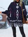 Geo Pattern Batwing Sleeve Fringe Trim Knit Poncho