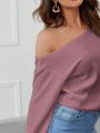 SHEIN Essnce Asymmetrical Neck Drop Shoulder Rib-knit Pullover