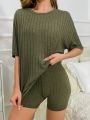 Drop Shoulder Ribbed Knit Lounge Set