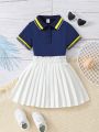 Young Girls' Stripe Short Sleeve Polo Shirt And Pleated Skirt 2pcs/Set