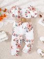 Baby Girls' Flower Print Jumpsuit With Waist Belt