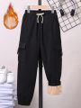 SHEIN Kids Academe Tween Boy Flap Pocket Side Drawstring Waist Thermal Lined Cargo Pants