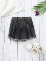 Little Girls' Y2k Street Sweet Cool Black Washed Elastic Waist Raw Edge Pleated Denim Skort