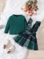 Baby Girls' Plaid Overall Skirt With Ribbed Long Sleeve Top For Autumn And Winter