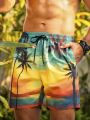 Men's Scenery Printed Drawstring Waist Beach Shorts