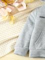 SHEIN Kids FANZEY Young Girl Embroidery Letter Pattern Zip Up Hoodie & Sweatpants