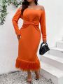 Plus Size Solid Color Off Shoulder Twist Knitted Hem Furry Dress