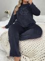 Plus Size Flannel Pajama Set With Embroidered Bear Pattern