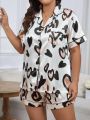 Comfortable And Loose Plus Size Women's Short Sleeve And Short Pants Homewear Set With Heart Pattern