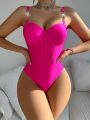 SHEIN Swim BAE Solid Color Round Ring Detail One Piece Swimsuit