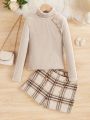 SHEIN Kids CHARMNG Big Girls' Monochrome High-necked Top And Plaid Shorts Romantic Two Piece Set