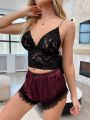 3pcs Lace Cami Top & Satin Shorts & Belted Robe