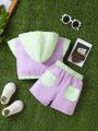 Baby Girls' Comfortable Zip-Front Hoodie With Pocket & Color-Blocked Shorts Set, Suitable For Spring, Summer And Autumn