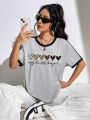 Heart & Slogan Graphic Contrast Binding Tee