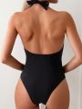 SHEIN Swim Chicsea Ladies' Monochromatic Halter Neck Ruched One-Piece Swimsuit