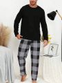 Men's Solid Color Long Sleeve T-shirt And Plaid Long Pants Homewear Set