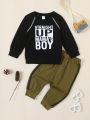 SHEIN Kids SPRTY Young Boy Slogan Printed Contrast Stitching Sweatshirt And Long Pants Two Piece Set