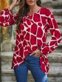 SHEIN LUNE Printed High-Low Hem Round Neck Long Sleeve Blouse