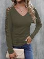 Solid Cut Out Sleeve V Neck Ruched Side Tee