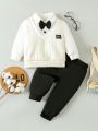 Baby Boys' Button Closure Long Sleeve 2-In-1 Sweatshirt And Pants With Detachable Bow Tie, Gentleman Style Academy Outfits, 3pcs/Set