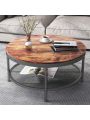 2-Tier Single Panel Round Coffee Table for Living Room and Bedroom, with 3D Texture Metal Frame and Mesh, Rustic Brown